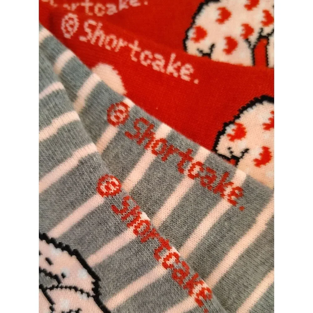 Strawberry Shortcake 2 Pairs‎ Red & Gray Printed Crew Socks NWT